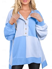 Недорогие Простые худи-Жен. Pullover Толстовки Пэчворк Пуговицы Контрастных цветов Мода Классика Современное Длинный рукав Вырез под горло Обычные топы Для улицы На каждый день Синий Черный Розовый Небесно-голубой Зеленый