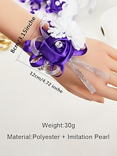 abordables Boda ACC-Ramillete de muñeca de rosas para mujer, flor de cinta de poliéster con pulsera elástica de perlas falsas, varios colores, accesorio elegante para damas de honor y novias para bodas, bailes de graduación y eventos formales.