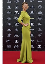 cheap Mermaid Evening Dresses-Mermaid Trumpet Sweep Brush Train Floor Length Formal Dresses Evening Gown Formal Dress Elegant 3/4 Length Sleeve Boat Neck Formal Wedding Guest Satin with 3D Flowers
