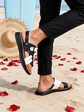 economico sandali-sandali da uomo in similpelle bianchi e neri: calzature eleganti e casual per matrimoni in spiaggia, feste estive ed eventi all'aperto