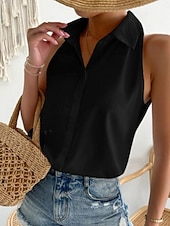 voordelige Gewone Tank-Dames Satijnen overhemd Kampshirt Met ruches Effen Kleur Elegant Stijlvol Casual Mouwloos Overhemdkraag Normale tops Dagelijks Zwart Wit Paars Oranje Beige Zomer Lente