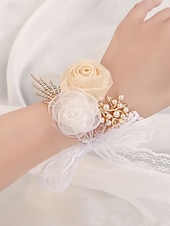 baratos Casamento ACC-Conjunto de corsage feminino em poliéster para casamento, com flor de pulso para dama de honra em tons de champanhe e branco e boutonnière para padrinho, estilo elegante e romântico para cerimônias de casamento, noivado e eventos formais.