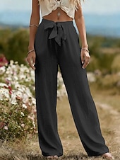 preiswerte Luxusunterteile-Damen-Sommerhose aus 100 % Baumwolle mit weitem Bein, Streetwear-Stil, lässig, lang, hoher Bund, schlicht, mit Tasche, hoch geschnitten, atmungsaktiv, weich, mikroelastisch, ideal für Urlaub, Alltag und Freizeit, in Schwarz, Weiß und Hellgrün