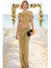 abordables Semi-formal / Cóctel-Two Piece Sheath Column Floor Length Wedding Guest Dress Wedding Guest Dresses Elegant Daily Cap Sleeve Halter Neck Garden Party Wedding with Ruched