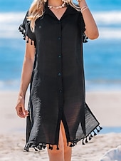 economico Abiti da spiaggia-Per donna Abito al ginocchio Abito da Spiaggia Abito nero Copricostume Elegante Moda Classico Quotidiano All'aperto Spiaggia Vestibilità comoda Semplice Manica Corta Colletto a Camicia Nero Estate
