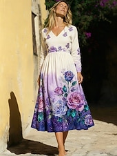  Per donna Abito Midi Abito Boho Vestito Casual Elegante Moda Quotidiano All'aperto Vacanza Vestibilità regolare Floreale Manica Lunga Scollo a V Viola Estate Primavera Autunno