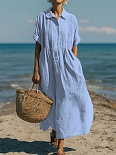 abordables Vestidos-Mujer Vestido Midi Vestidos con tacto de lino Vestido de Camisa Vestido Kaftan Moda Moderno Diario Exterior Vacaciones Ajuste regular Plano Manga Corta Cuello Camisero Azul Piscina Negro Blanco Verde