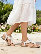 ieftine Mireasă-sandale cu curea în T de damă, roz cu dantelă florală – încălțăminte de vară confortabilă și șic cu slip-on