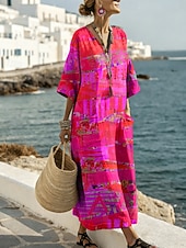 Χαμηλού Κόστους Τέχνη και Σχεδίαση Φορέματα-Γυναικείο Maxi Φόρεμα Λινό Σαφντ Dress Καθημερινό Χαλαρή Τακτοποίηση Γραφικό Αφηρημένο Μακρύ Μανίκι V Neck Μπλε Βασιλικό Μπλε Μωβ Πορτοκαλί Καλοκαίρι Άνοιξη