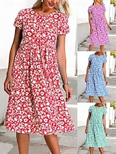 economico Abiti casual floreali-Per donna Abito Midi Abito Floreale Abito Stampato Moda Moderno All'aperto Vacanza Weekend Vestibilità comoda Floreale Manica Corta Girocollo Blu Rosso Viola Verde Estate Primavera