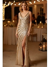 お買い得  シースイブニングドレス-タイト／コラム スイープ／ブラシトレーン フロア丈 ウェディングゲストドレス フォーマルドレス イブニングガウン イブニングドレス エレガント きらびやかな セレブスタイル ノースリーブ Ｖネック パーティー 結婚式 バックレス ととも​​に グリッター素材 スパンコール スリット