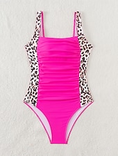 preiswerte Einteilige Badeanzüge-Damen Einteiler Badeanzug mit Bauchkontrolle Rundhals Leopardenmuster Racerback Raffung Sommer Strandmode Schnelltrocknender Stretchstoff Vollgröße Schwarz Badeanzug