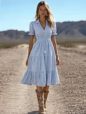 economico Abiti Falsi Essenziali-Per donna Abito Midi Finto cotone e lino Abito a trapezio Casual Quotidiano Vestibilità regolare Plaid Manica Corta Bavero Blu Estate Primavera Autunno