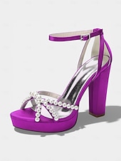 cheap Bride-Women's Ivory Platform Chunky Block Heel Sandals, Pearl-Embellished Ankle Strap Bridal Shoes for Church Weddings