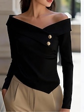 baratos Camiseta lisa-Mulheres Blusa Botões Côr Sólida à moda Casual Manga Longa Ombro a Ombro Tops regulares Diário Preto Branco Primavera Outono