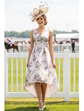 abordables Longitud del té-Corte A Asimétrica Vestido Midi Vestido Cóctel Vestido Invitada Boda Vestido Derby Vestido de Madrina Sin Mangas Escote en Pico Elegante Minimalista Noche formal El derby de Kentucky Satén con
