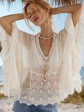 abordables Tops de Encaje-Mujer Blusa Encaje Color sólido Elegante Casual Manga 3/4 Escote en Pico Tops regulares Diario Blanco Verano Primavera Otoño