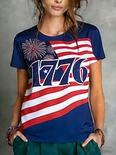  Giorno dell'Indipendenza Americana Per donna Maglietta Stampato Grafico Bandiera Americana Elegante Classico Casual Manica Corta Girocollo Top Regolari Quotidiano Sportivo Uscire Blu marino Blu Reale