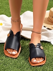 economico Infradito scivolosi-sandali piatti neri da donna con dettaglio a bottone, adatti per abbigliamento casual, uscite estive, spiaggia e attività quotidiane