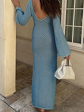 זול שמלות חוף-בגדי ריקוד נשים בגדי ים כיסוי שמלות ים שמלות בגד ים לגזור חופשה בגדי חוף אחיד צווארון V שרוול ארוך בגדי ים