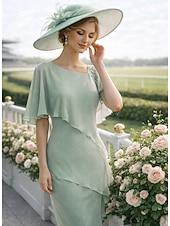 economico Lunghezza del tè-Tubino Colonna Lunghezza al ginocchio Vestito da Festa Abito da Cocktail Abito da invitata a nozze Abito da cerimonia per signora Mezza Manica Collo gioiello Elegante Ospite di nozze Chiffon con