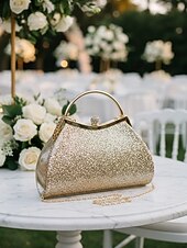 abordables Boda ACC-Bolso de mano de noche con purpurina para mujer: bolso dorado brillante con correa de cadena, elegante bolso de fiesta para bodas, graduaciones y cócteles.