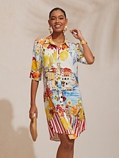 Недорогие Платья для отпуска-Платье-рубашка прямого кроя из атласа с цветочным принтом для отдыха