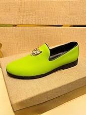 abordables Mocasines-Zapatos sin cordones amarillos para hombre con emblema de león, calzado casual atrevido y moderno, ideal para eventos de moda, reuniones informales, ocasiones especiales y bodas.