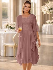  Duas Peças Linha A Até os Joelhos Vestido de convidada de casamento Vestido Para Mãe dos Noivos Sem Manga Scoop pescoço Elegante Convidado do casamento Festa de Casamento Chiffon Renda Vestidos de