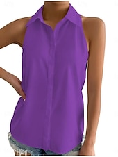 voordelige Gewone Tank-Dames Satijnen overhemd Kampshirt Met ruches Effen Kleur Elegant Stijlvol Casual Mouwloos Overhemdkraag Normale tops Dagelijks Zwart Wit Paars Oranje Beige Zomer Lente