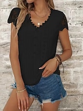 cheap Lace Tops-Women's Blouse Lace Eyelet Buttons Solid Color Stylish Basic Casual Short Sleeve V Neck Regular Tops Daily Blue Black White Light Green Pink Summer Spring