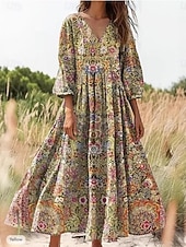 ieftine Rochie etnică boho-Pentru femei Rochii Midi Rochie florala Rochie imprimata Modă Modern În aer liber Vacanță Ieșire Potrivire Largă Floral Lungime Manșon 3/4 În V Albastru piscină Galben Portocaliu Vară Primăvară