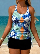 baratos Tankinis-Mulheres Roupa de Banho Tankini 2 partes Cintura Alta roupa de banho Compressão abdominal Cintura Alta Delgado Frente Única Férias Roupa de Praia Floral Decote U Sem Manga Fatos de banho