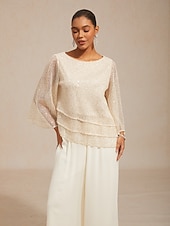 cheap Lace Tops-Women's Blouse Lace Tops Sequins Illusion Solid Color Elegant 3/4 Length Sleeve Bell Sleeve Crew Neck Daily Wedding Guest Vacation Wear Beige Summer Spring Fall