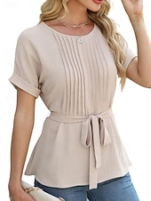 preiswerte Einfache Blusen-Damen Popover-Hemd Sommerhemd Freizeithemd Bluse Gerafft Schnürung Einfach Elegant Stilvoll Basic Kurzarm Rundhalsausschnitt Normale Oberteile Täglich Strand Ferien Blau Schwarz Weiß Grün Sommer