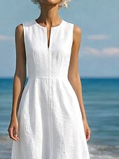 abordables Robes Fausse Essentielle-Robe maxi en lin-like pour femmes en faux coton robe en A robe d'été décontractée quotidienne coupe régulière sans manches col en V blanc été