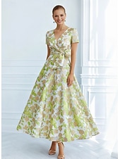 billige Cocktailkjoler-A-linje Ankellengde Cocktailkjoler Elegant Årgang Blomster Kortermet V-hals Hage fest Formell Lomme Jacquard Cowlhals med Sløyfe(r) Bølgemønster