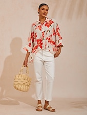 economico camicie, top e camicette-camicetta asimmetrica con maniche dolman in chiffon fluido con fiori primaverili