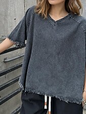  Damskie Koszulki Topy w stylu vintage prane Postrzępiony brzeg Asymetryczny/a Zabytkowe Elegancki Codzienny Krótki rękaw W serek Zwykłe topy Codzienny Wyjściowe Czarny Lato Wiosna