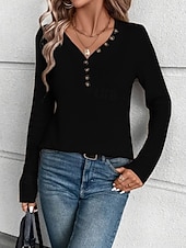 economico T-shirt semplice-Per donna Blusa Bottoni Tinta unica Elegante Casual Manica Lunga Scollo a V Top Regolari Quotidiano Nero Bianco Fucsia Cachi Primavera Autunno Inverno