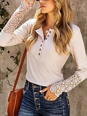 economico Top in Pizzo-Per donna Camicia Blusa Top in pizzo Pizzo Bottoni Semplice Elegante Classico Moderno Manica Lunga Scollo a V Top Regolari Quotidiano Ferie Uscire Albicocca Estate Primavera
