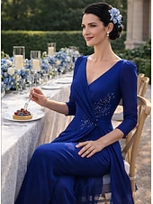 abordables Monos de mamá-Traje de pantalón Hasta el Suelo Vestido de Madrina Manga 3/4 Escote en Pico Escote recto Elegante Vintage Formal Invitado a la boda Gasa con Fruncido Volantes en Cascada