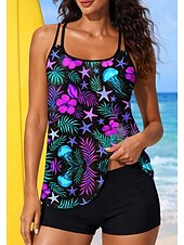 abordables Surfing Tankinis &amp; Bikinis-Mujer Regular Camiseta Protección Solar Surf Traje de baño con estampado floral Trajes de baño tankini Oceano Flores Tropical 2 Piezas Acolchado extraíble Boyleg Protección solar UV UPF50+ Elástico