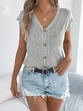 baratos Blusas Simples-Mulheres Tops de verão Blusa Patchwork Botões Tecido à moda Clássico Moderno Manga Curta Decote V Tops regulares Diário Feriado Para Noite Preto Branco Marron Cáqui Verão Primavera