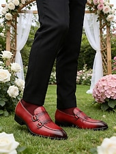 preiswerte Slipper-Rote Herren-Monk-Strap-Schuhe aus Kunstleder – elegante und stilvolle Schuhe für Hochzeiten und besondere Anlässe