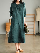 economico Vestiti-Per donna Abito Midi Abiti effetto lino Abito a Tubino Abito Estivo Casual Quotidiano Vestibilità comoda Semplice Manica 3/4 Scollo a V Blu Arancione Verde Beige Estate Autunno