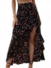 cheap Vacation Skirts-Women's Fashion Sexy Casual Knee-length High Waist Skirts Floral Print Split Ends Inelastic Daily Vacation Blue Black Yellow Summer
