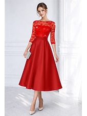 economico Abiti da cocktail-Linea ad A Lunghezza Tè Perline ricamate Abito Formale Abito da madre della sposa Abiti da Cocktail Abiti per invitati a matrimoni Elegante Pastello Manica 3/4 Scollo a Barca Formale Cocktail party