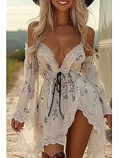 voordelige Westerse Boho Jurk-Dames Mini-jurk Boho-jurk Westerse kleding Modieus Dagelijks Vakantie Uitgaan Normale pasvorm Bloem Lange mouw V-hals Wit Zomer