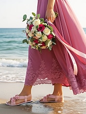 cheap Bridesmaid-Women's Blush Pink Floral Flat Sandals, Soft Ankle Strap Bridesmaid Shoes for Beach Wedding Ceremonies